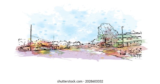 Building view with landmark of Jonesboro is the 
city in Arkansas. Watercolor splash with hand drawn sketch illustration in vector.