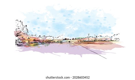 Building view with landmark of Jonesboro is the 
city in Arkansas. Watercolor splash with hand drawn sketch illustration in vector.