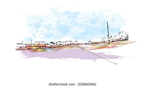Building view with landmark of Jonesboro is the 
city in Arkansas. Watercolor splash with hand drawn sketch illustration in vector.