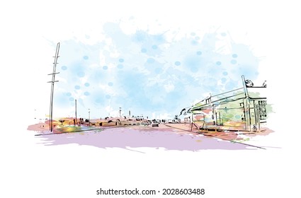 Building view with landmark of Jonesboro is the 
city in Arkansas. Watercolor splash with hand drawn sketch illustration in vector.