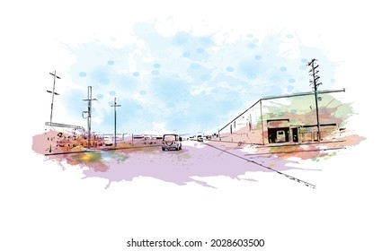 Building view with landmark of Jonesboro is the 
city in Arkansas. Watercolor splash with hand drawn sketch illustration in vector.