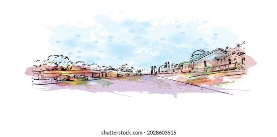 Building view with landmark of Jonesboro is the 
city in Arkansas. Watercolor splash with hand drawn sketch illustration in vector.