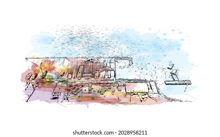 Building view with landmark of Juneau is the 
city in Alaska. Watercolor splash with hand drawn sketch illustration in vector.