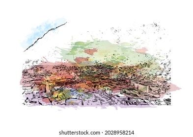 Building view with landmark of Juneau is the 
city in Alaska. Watercolor splash with hand drawn sketch illustration in vector.