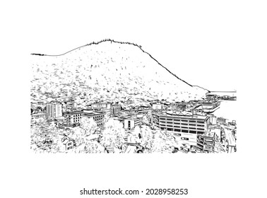 Building view with landmark of Juneau is the 
city in Alaska. Hand drawn sketch illustration in vector.