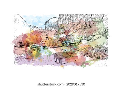 Jungfrau-Blick auf das Gebäude ist das Wahrzeichen 
Gipfel in der Schweiz. Aquarellspritzer mit handgezeichneter Skizzengrafik in Vektorgrafik.