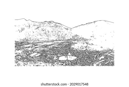 Building view with landmark of Jungfrau is the 
summit in Switzerland. Hand drawn sketch illustration in vector.