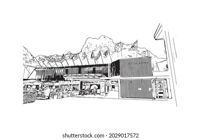 Building view with landmark of Jungfrau is the 
summit in Switzerland. Hand drawn sketch illustration in vector.