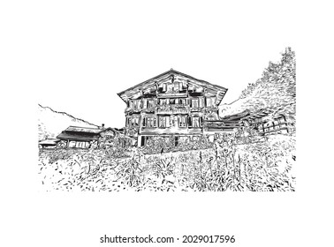 Building view with landmark of Jungfrau is the 
summit in Switzerland. Hand drawn sketch illustration in vector.
