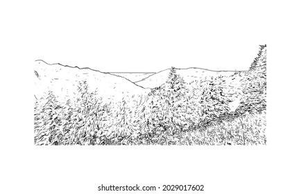 Jungfrau-Blick auf das Gebäude ist das Wahrzeichen 
Gipfel in der Schweiz. Handgezeichnete Skizzengrafik in Vektorgrafik.