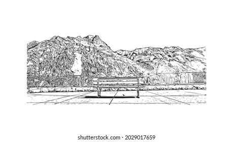La vista de edificio con el punto de referencia de Jungfrau es el 
cumbre en Suiza. Dibujo a mano de ilustración de esbozo en vector.