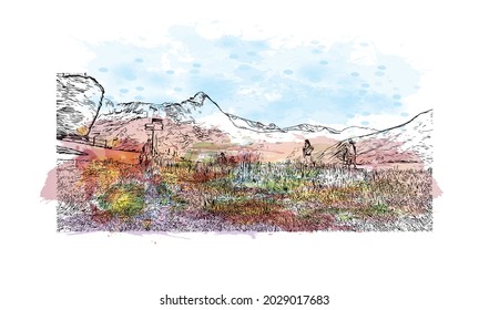 Jungfrau-Blick auf das Gebäude ist das Wahrzeichen 
Gipfel in der Schweiz. Aquarellspritzer mit handgezeichneter Skizzengrafik in Vektorgrafik.
