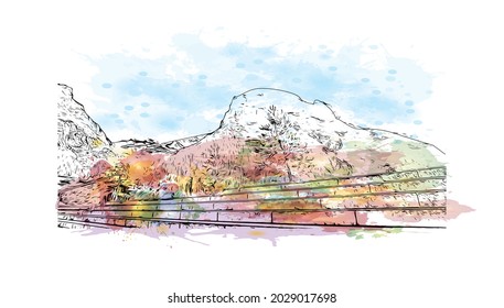 La vista de edificio con el punto de referencia de Jungfrau es el 
cumbre en Suiza. Salto de color de agua con ilustración de esbozo dibujada a mano en vector.