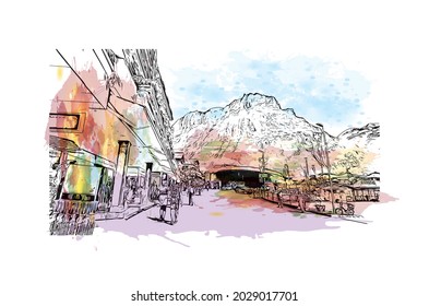 Building view with landmark of Jungfrau is the 
summit in Switzerland. Watercolor splash with hand drawn sketch illustration in vector.