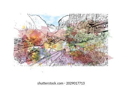 Jungfrau-Blick auf das Gebäude ist das Wahrzeichen 
Gipfel in der Schweiz. Aquarellspritzer mit handgezeichneter Skizzengrafik in Vektorgrafik.