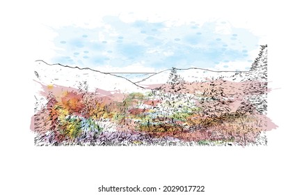 Building view with landmark of Jungfrau is the 
summit in Switzerland. Watercolor splash with hand drawn sketch illustration in vector.