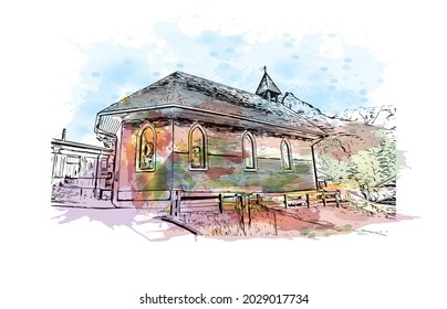 Building view with landmark of Jungfrau is the 
summit in Switzerland. Watercolor splash with hand drawn sketch illustration in vector.
