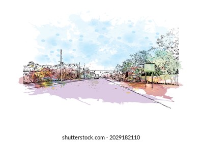Building view with landmark of Jupiter is the 
town in Florida. Watercolor splash with hand drawn sketch illustration in vector.