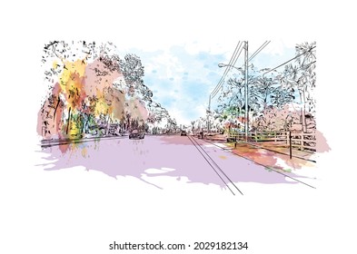 Building view with landmark of Jupiter is the 
town in Florida. Watercolor splash with hand drawn sketch illustration in vector.