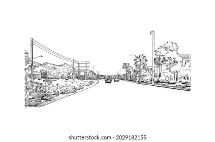 Building view with landmark of Jupiter is the 
town in Florida. Hand drawn sketch illustration in vector.