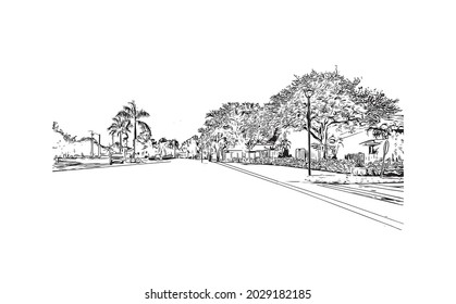 La vista de edificio con un punto de referencia de Júpiter es el 
ciudad de Florida. Dibujo a mano de ilustración de esbozo en vector.