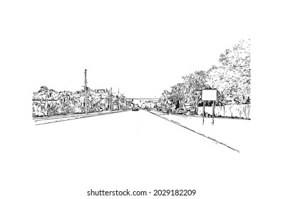 Building view with landmark of Jupiter is the 
town in Florida. Hand drawn sketch illustration in vector.