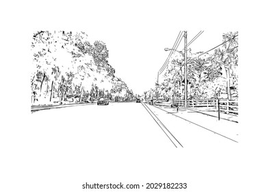 La vista de edificio con un punto de referencia de Júpiter es el 
ciudad de Florida. Dibujo a mano de ilustración de esbozo en vector.