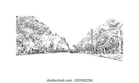 Building view with landmark of Jupiter is the 
town in Florida. Hand drawn sketch illustration in vector.