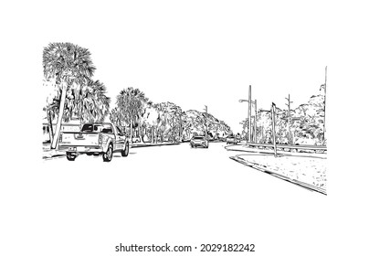 Building view with landmark of Jupiter is the 
town in Florida. Hand drawn sketch illustration in vector.
