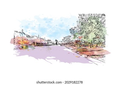 Building view with landmark of Jupiter is the 
town in Florida. Watercolor splash with hand drawn sketch illustration in vector.