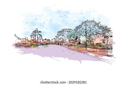 Building view with landmark of Jupiter is the 
town in Florida. Watercolor splash with hand drawn sketch illustration in vector.