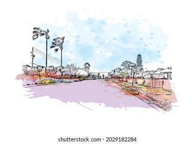 Building view with landmark of Jupiter is the 
town in Florida. Watercolor splash with hand drawn sketch illustration in vector.
