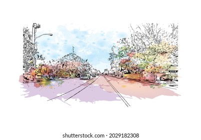 Bauansicht mit Wahrzeichen Jupiter ist die 
Stadt in Florida. Aquarellspritzer mit handgezeichneter Skizzengrafik in Vektorgrafik.