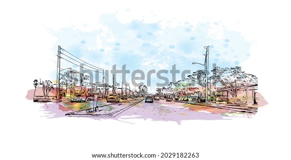 Building view with landmark of Jupiter is the\
\
town in Florida. Watercolor splash with hand drawn sketch\
illustration in\
vector.
