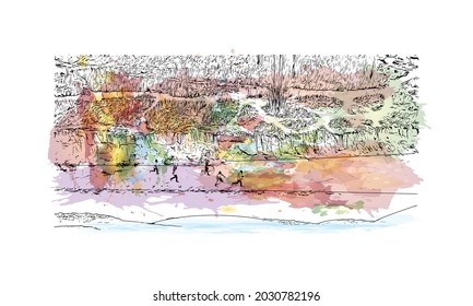 Building view with landmark of Kalamazoo is a city in southern Michigan. Watercolor splash with hand drawn sketch illustration in vector.