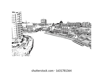 Building view with landmark of Kaliningrad is the capital of the Russian province of the same name. Hand drawn sketch illustration in vector.