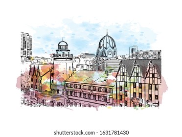 Building view with landmark of Kaliningrad is the capital of the Russian province of the same name. Watercolor splash with Hand drawn sketch illustration in vector.