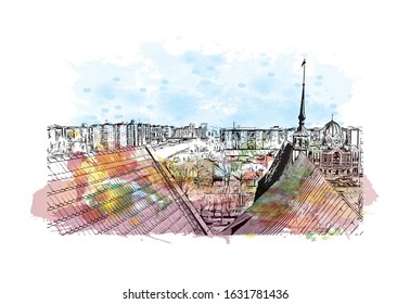 Building view with landmark of Kaliningrad is the capital of the Russian province of the same name. Watercolor splash with Hand drawn sketch illustration in vector.