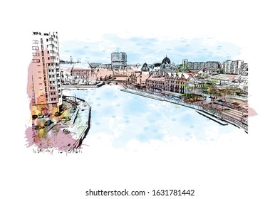 Building view with landmark of Kaliningrad is the capital of the Russian province of the same name. Watercolor splash with Hand drawn sketch illustration in vector.