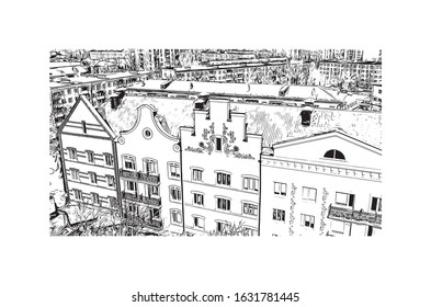Building view with landmark of Kaliningrad is the capital of the Russian province of the same name. Hand drawn sketch illustration in vector.