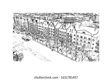 Building view with landmark of Kaliningrad is the capital of the Russian province of the same name. Hand drawn sketch illustration in vector.