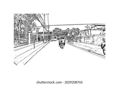 Building view with landmark of Kanchanaburi is the 
town in Thailand. Hand drawn sketch illustration in vector.