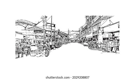 Building view with landmark of Kanchanaburi is the 
town in Thailand. Hand drawn sketch illustration in vector.