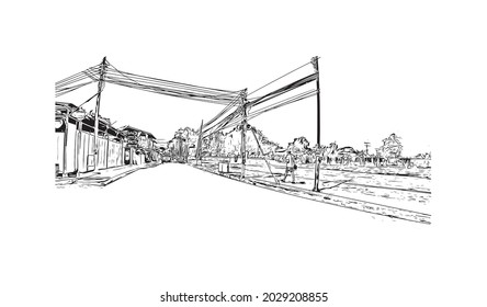 Building view with landmark of Kanchanaburi is the 
town in Thailand. Hand drawn sketch illustration in vector.