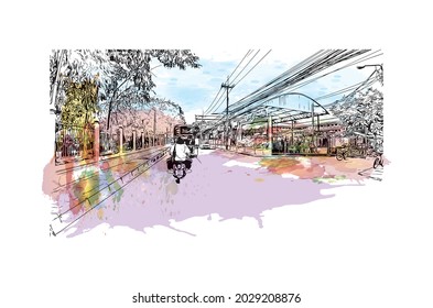 Building view with landmark of Kanchanaburi is the 
town in Thailand. Watercolor splash with hand drawn sketch illustration in vector.