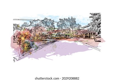 Building view with landmark of Kanchanaburi is the 
town in Thailand. Watercolor splash with hand drawn sketch illustration in vector.