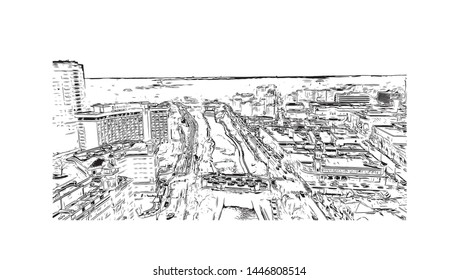 Building view with landmark in Kansas City sits on Missouri's western edge, straddling the border with Kansas. Hand drawn sketch illustration in vector.