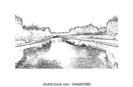 Building view with landmark in Kansas City sits on Missouri's western edge, straddling the border with Kansas. Hand drawn sketch illustration in vector.