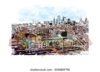 Building view with landmark of Kansas is the  city
 in Missouri. Watercolor splash with hand drawn sketch illustration in vector.