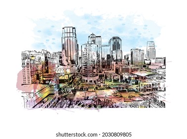 Building view with landmark of Kansas is the  city
 in Missouri. Watercolor splash with hand drawn sketch illustration in vector.